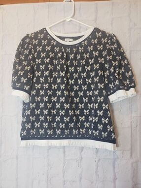 VOY Navy & White Bow Print Ruffled Hemline Crewneck Knit Top Large